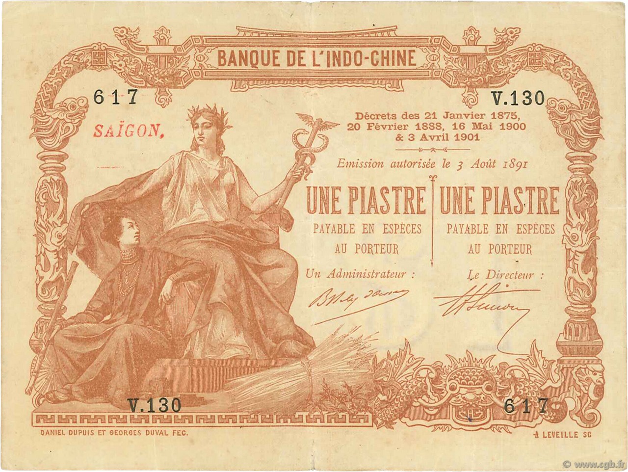 1 Piastre - 1 Piastre FRENCH INDOCHINA Saïgon 1903 P.034a VF