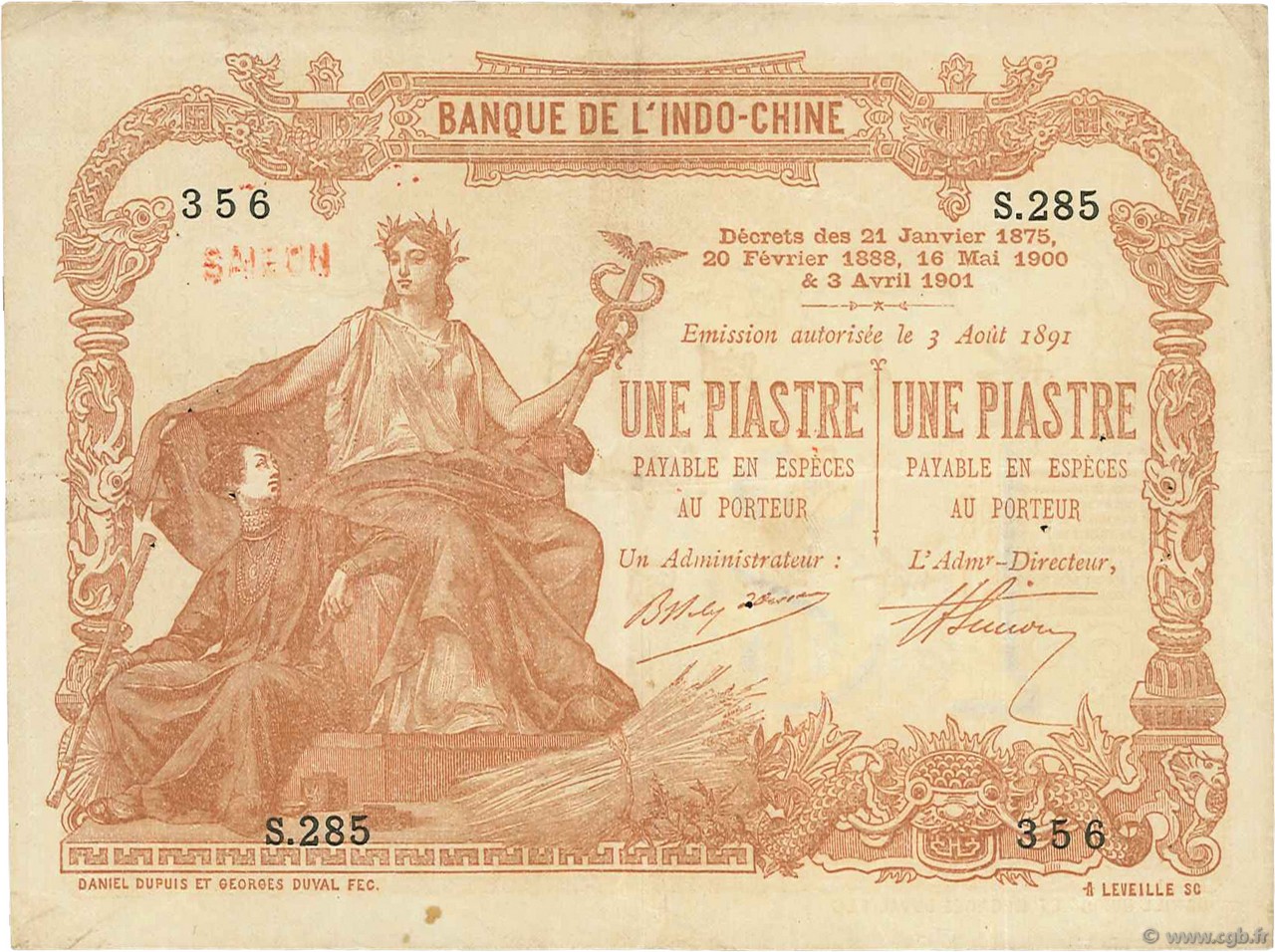 1 Piastre - 1 Piastre INDOCHINA Saïgon 1909 P.034b MBC