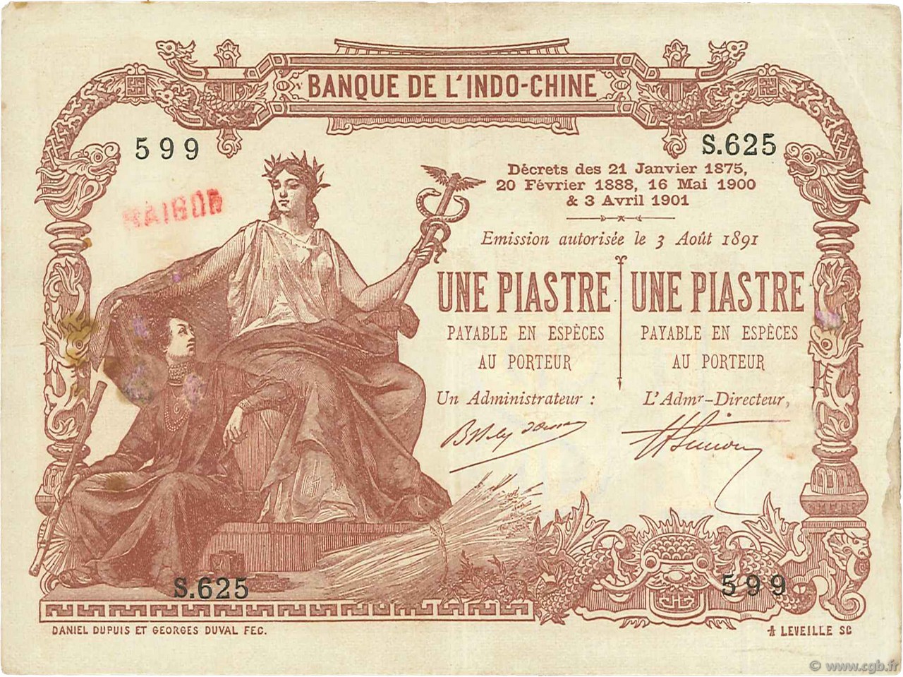 1 Piastre - 1 Piastre FRENCH INDOCHINA Saïgon 1909 P.034b VF+