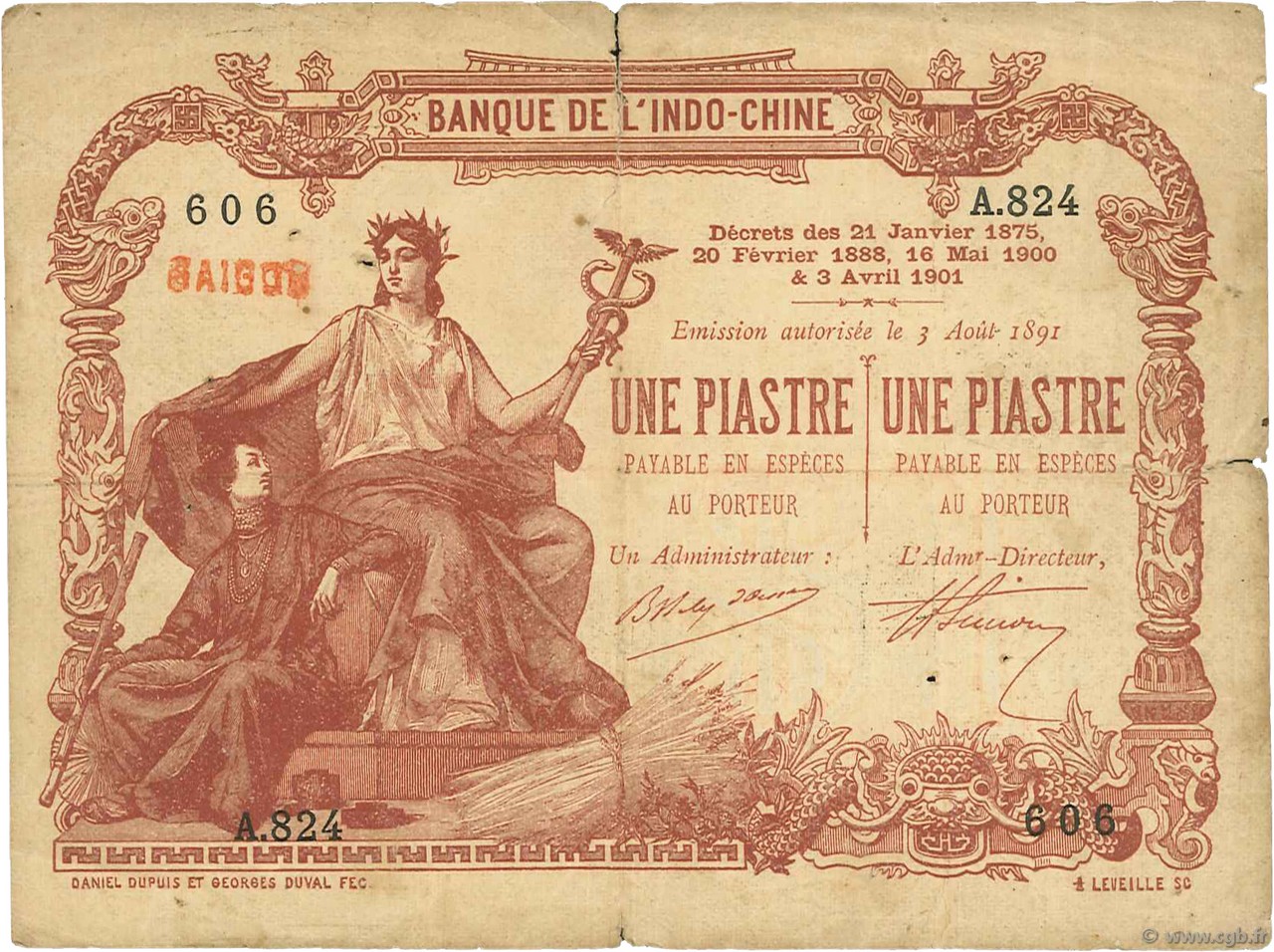 1 Piastre - 1 Piastre FRENCH INDOCHINA Saïgon 1909 P.034b VG