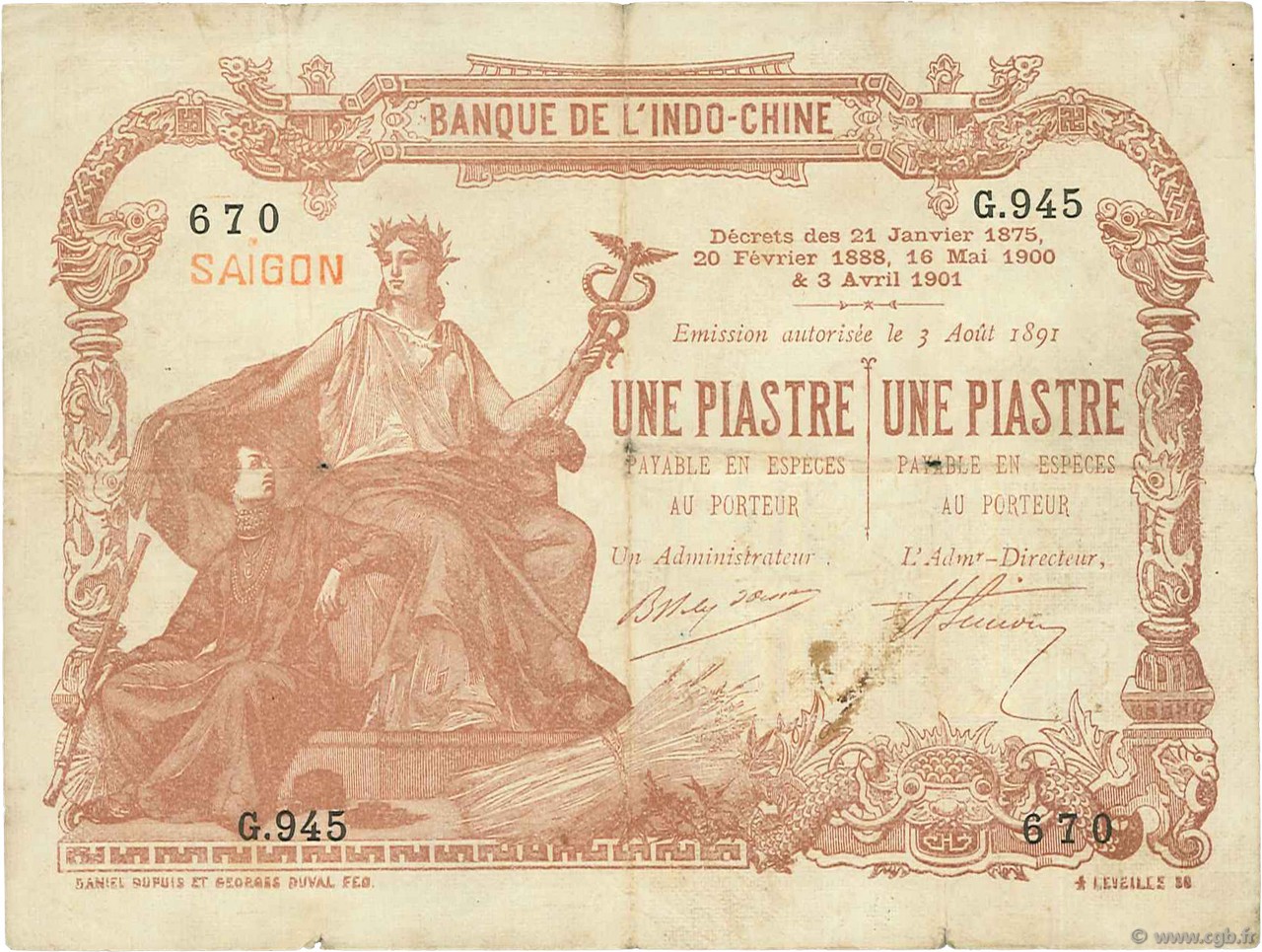 1 Piastre - 1 Piastre FRANZÖSISCHE-INDOCHINA Saïgon 1909 P.034b SS