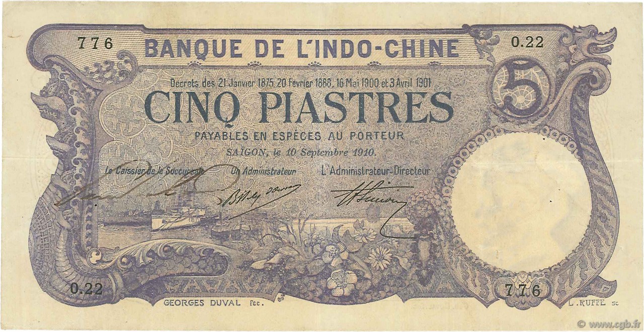 5 Piastres FRENCH INDOCHINA Saïgon 1910 P.037b VF