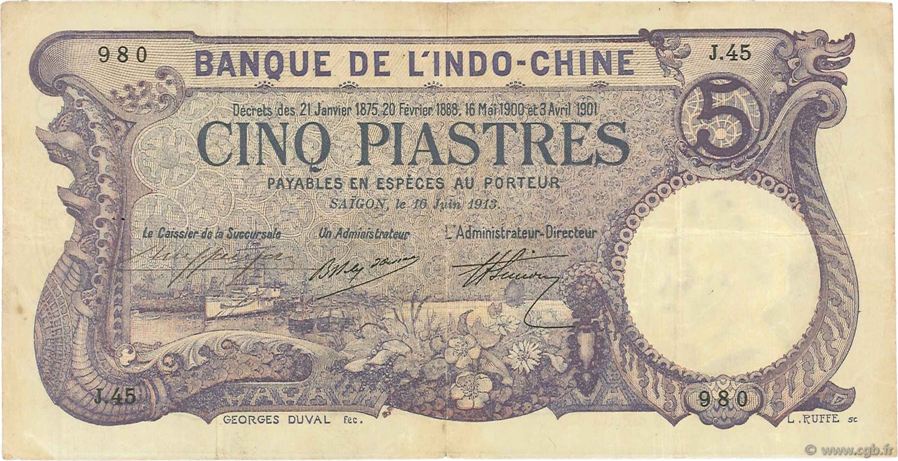 5 Piastres FRENCH INDOCHINA Saïgon 1913 P.037b VF