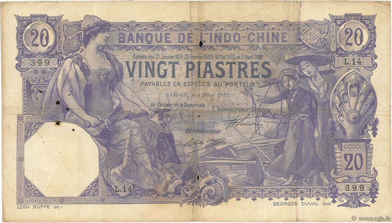 20 Piastres FRENCH INDOCHINA Saïgon 1913 P.038b F+