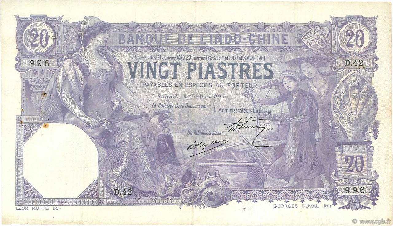 20 Piastres INDOCHINA Saïgon 1917 P.038b MBC