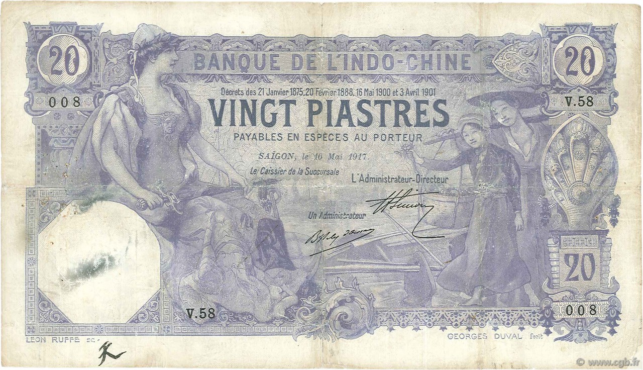 20 Piastres INDOCHINA Saïgon 1917 P.038b BC
