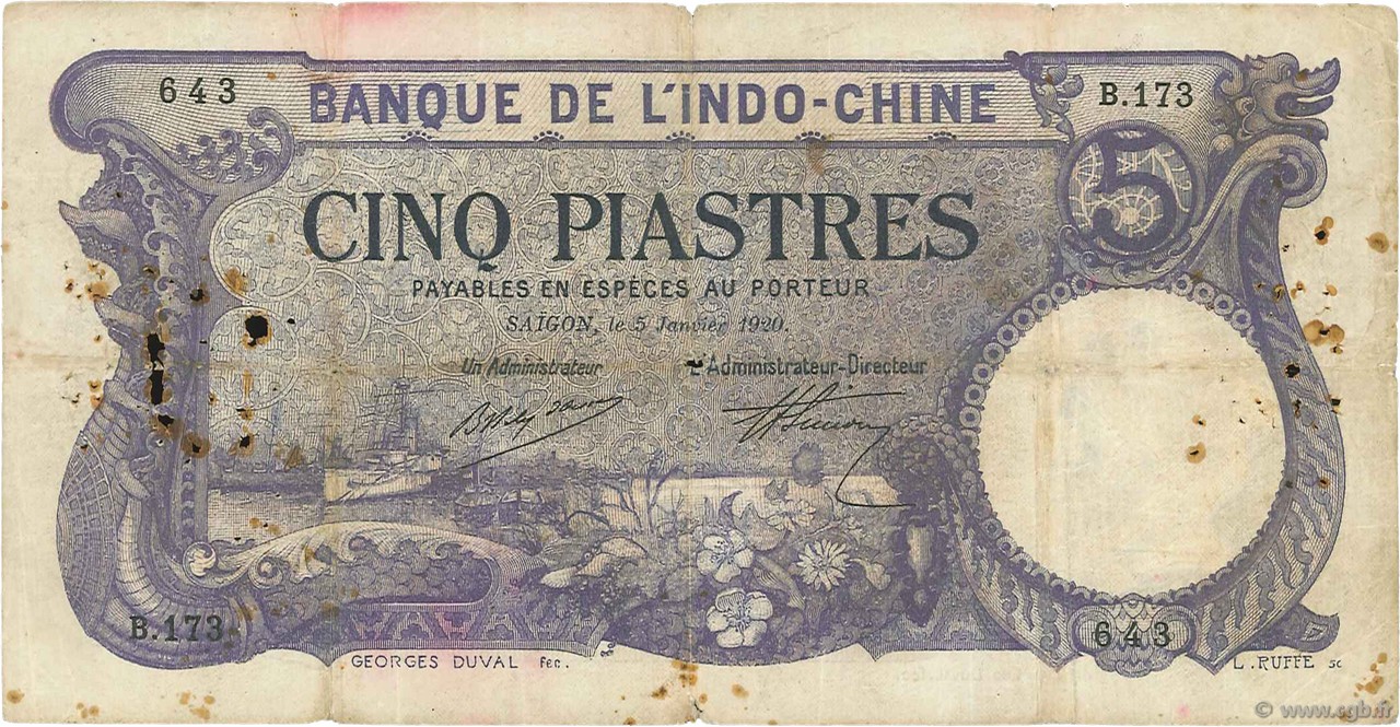 5 Piastres FRENCH INDOCHINA Saïgon 1920 P.040 G