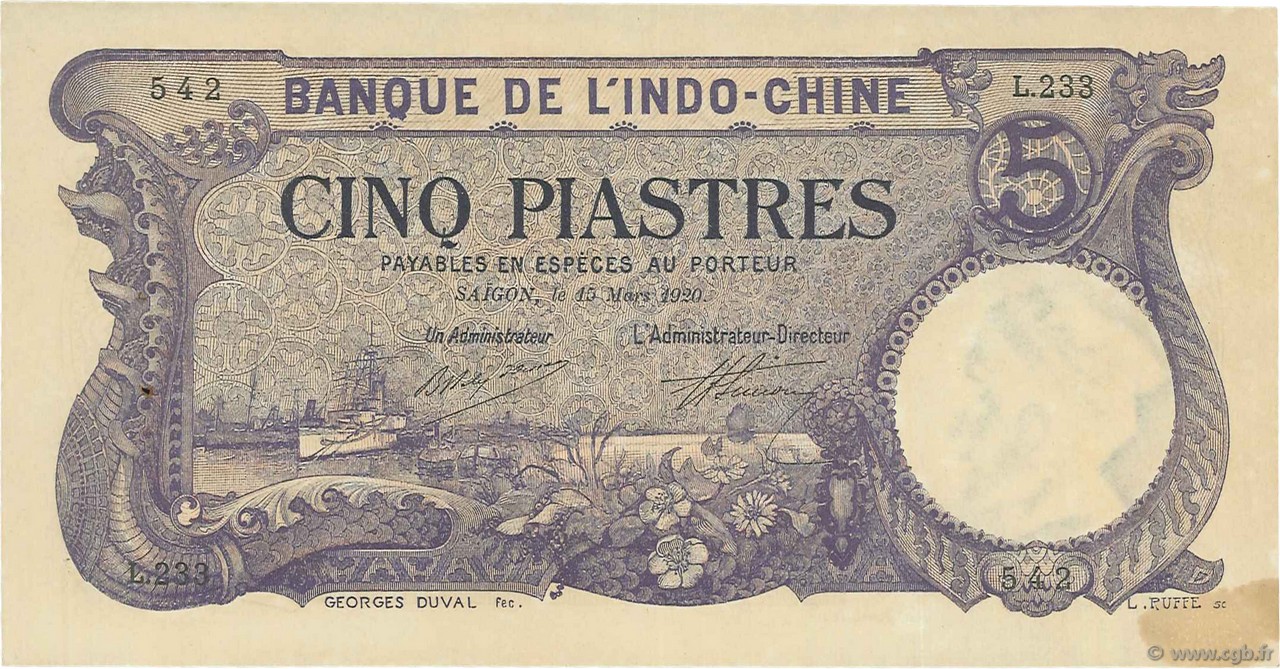 5 Piastres FRENCH INDOCHINA Saïgon 1920 P.040 XF