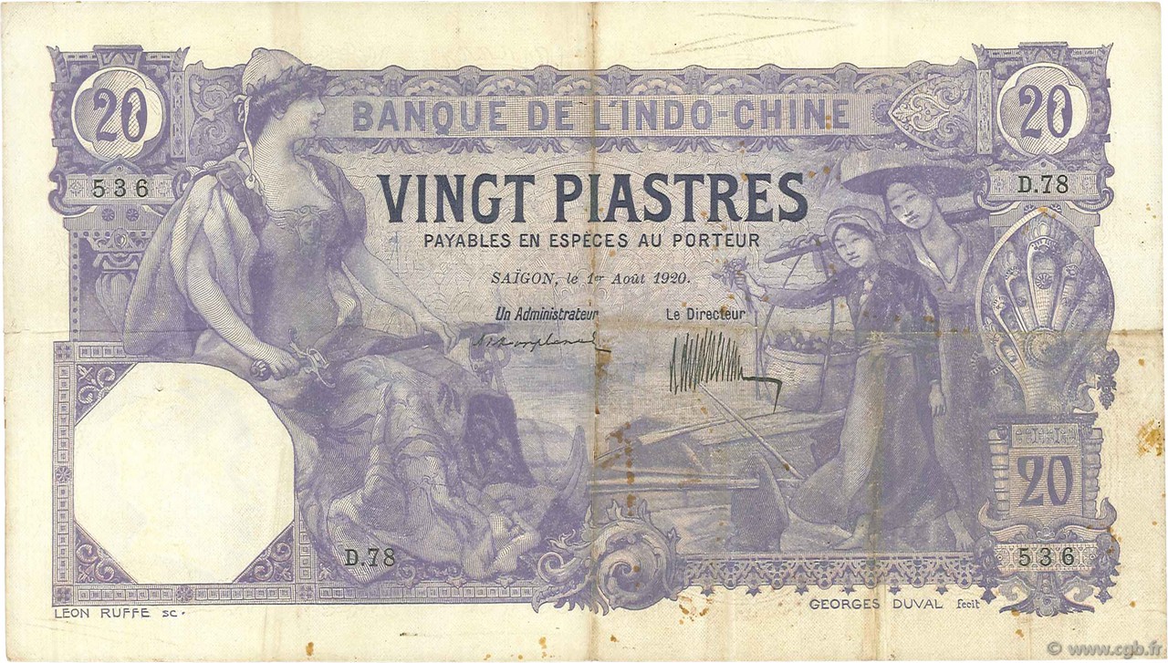 20 Piastres INDOCHINA Saïgon 1920 P.041 MBC