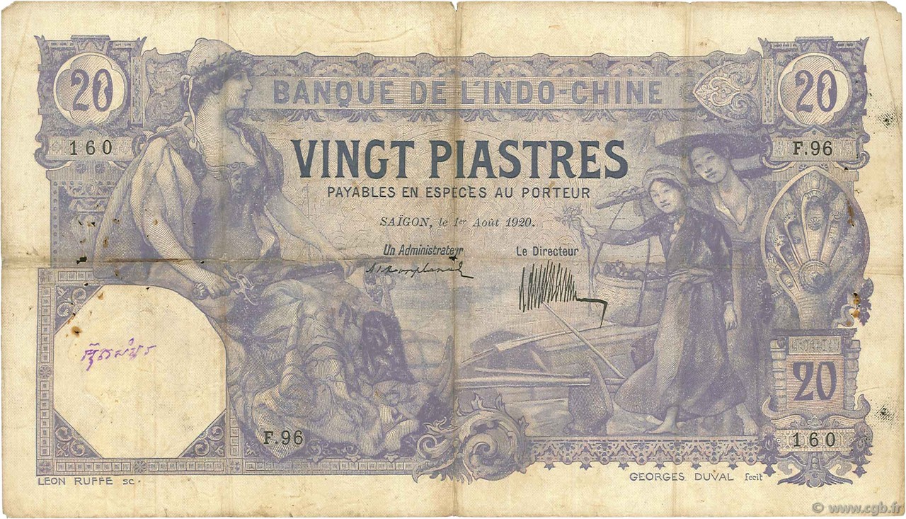 20 Piastres INDOCHINA Saïgon 1920 P.041 RC+
