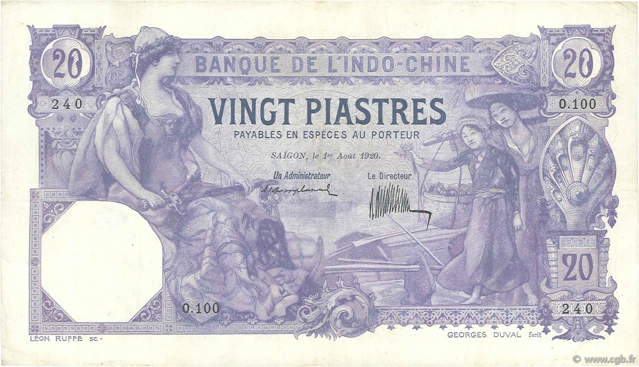 20 Piastres INDOCHINE FRANÇAISE Saïgon 1920 P.041 TTB