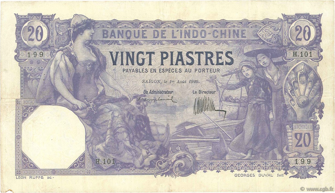 20 Piastres FRENCH INDOCHINA Saïgon 1920 P.041 VF
