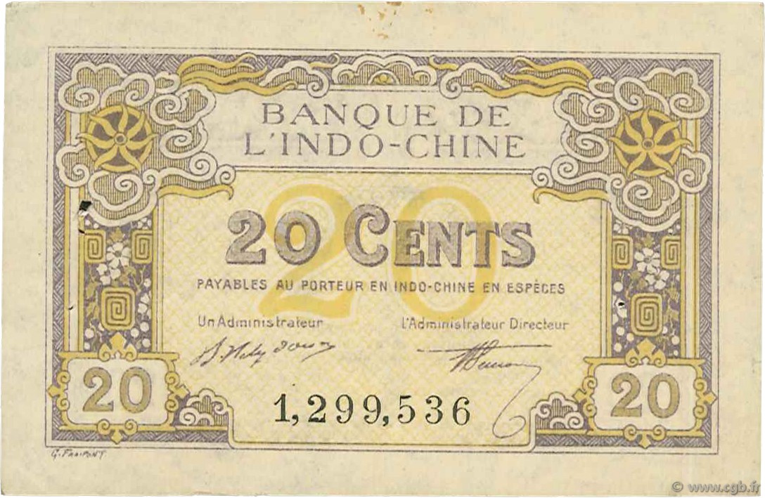 20 Cents FRENCH INDOCHINA  1919 P.045b VF+
