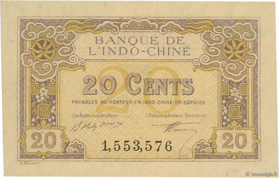 20 Cents FRENCH INDOCHINA  1919 P.045b UNC-