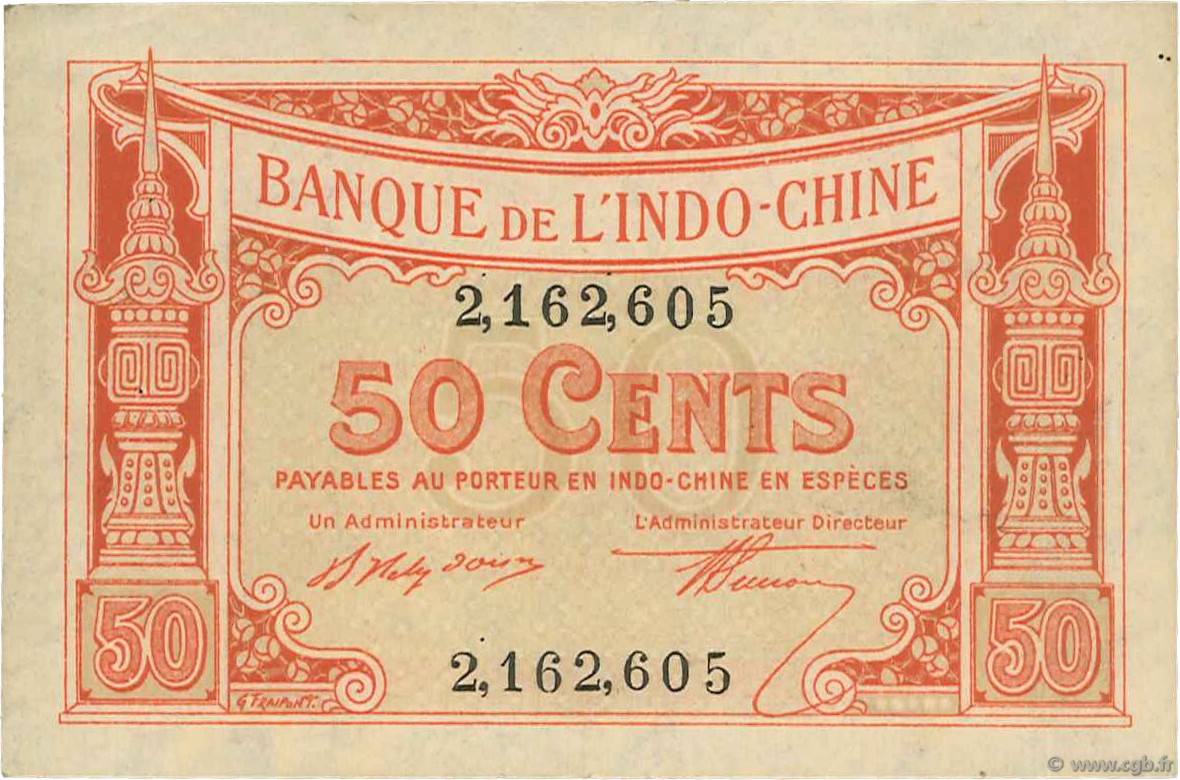 50 Cents FRENCH INDOCHINA  1919 P.046 AU-