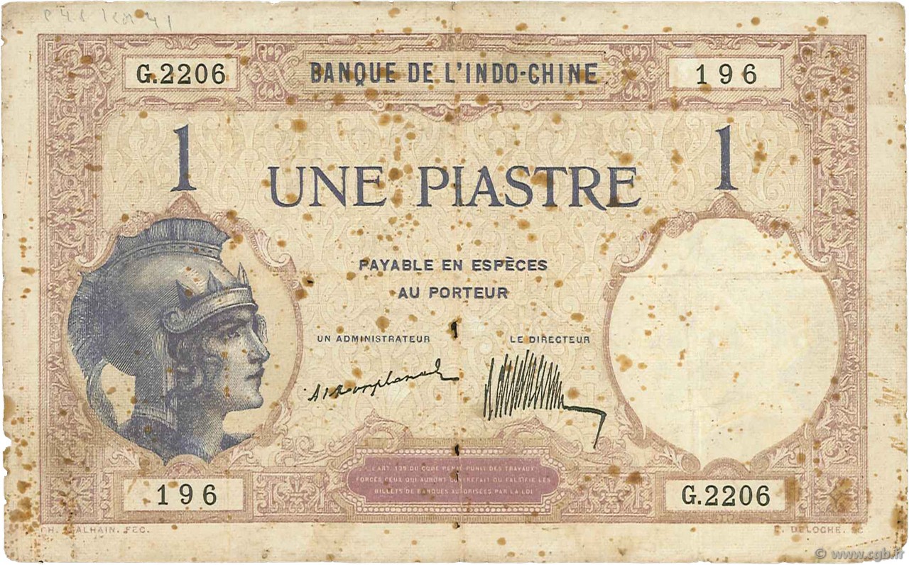1 Piastre FRENCH INDOCHINA  1921 P.048a G
