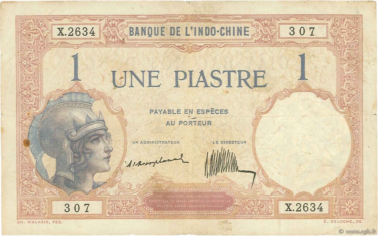 1 Piastre INDOCINA FRANCESE  1921 P.048a q.BB