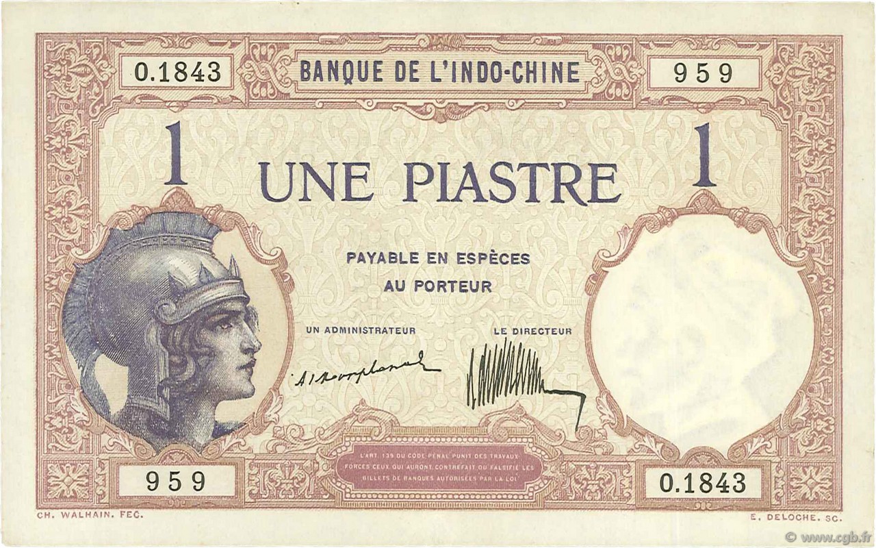 1 Piastre INDOCHINE FRANÇAISE  1921 P.048a SUP+