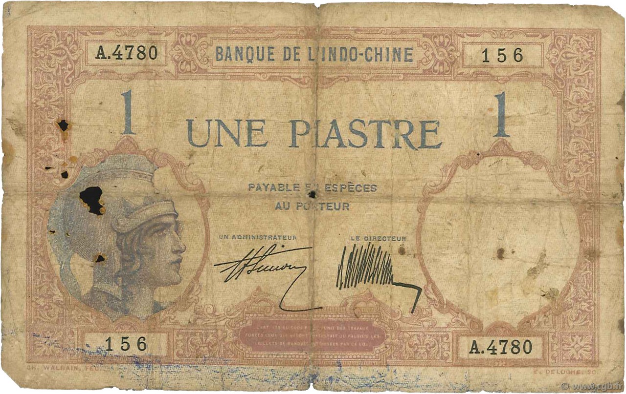 1 Piastre INDOCINA FRANCESE  1927 P.048b q.B