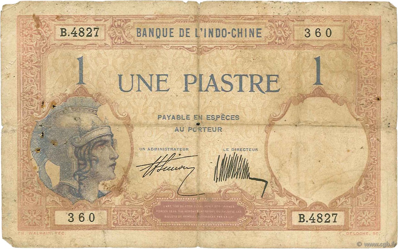 1 Piastre INDOCINA FRANCESE  1927 P.048b B