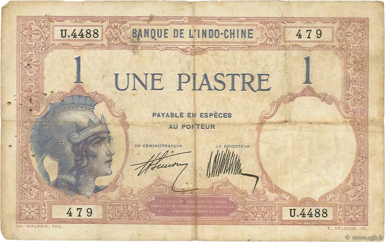 1 Piastre FRANZÖSISCHE-INDOCHINA  1927 P.048b S