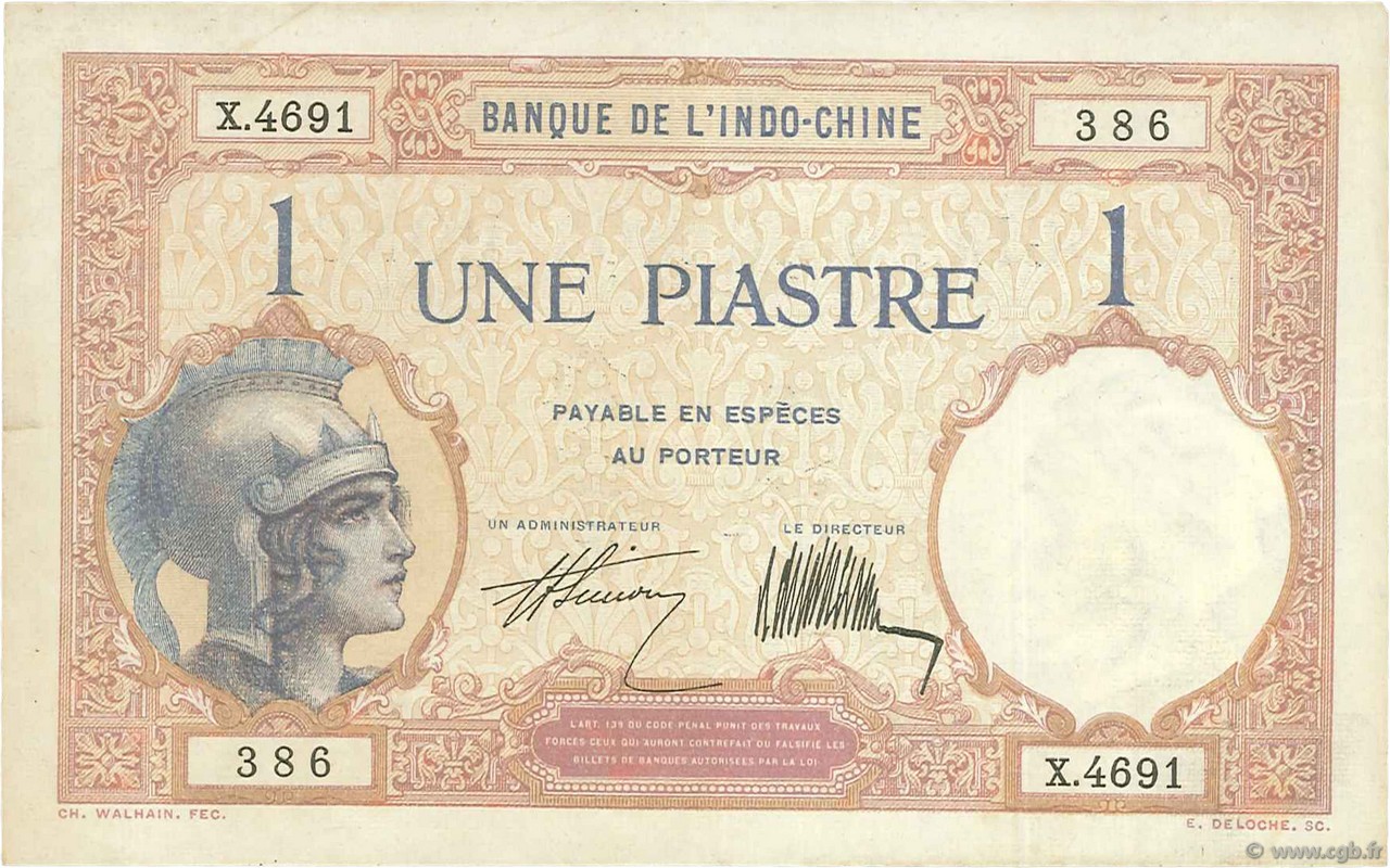 1 Piastre INDOCINA FRANCESE  1927 P.048b BB