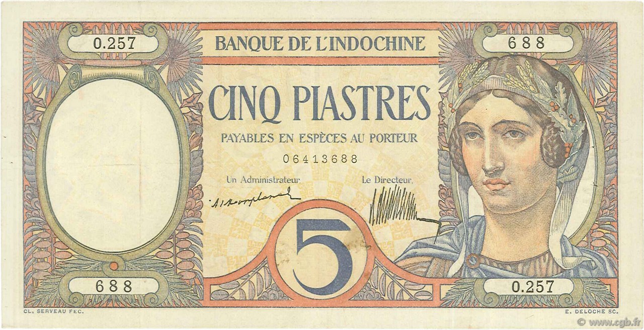 5 Piastres FRENCH INDOCHINA  1926 P.049a VF+