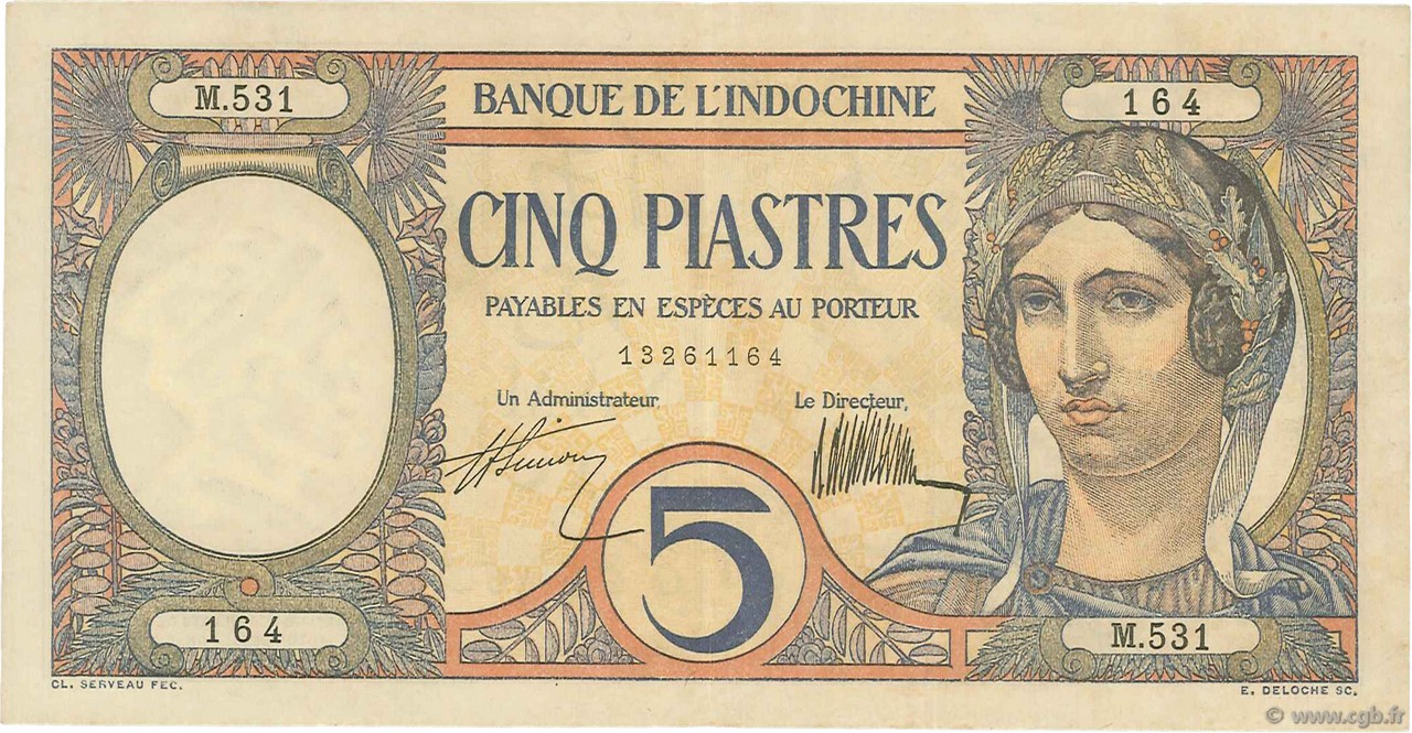 5 Piastres FRENCH INDOCHINA  1927 P.049b VF+