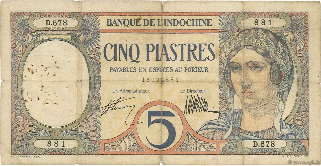 5 Piastres FRENCH INDOCHINA  1927 P.049b G