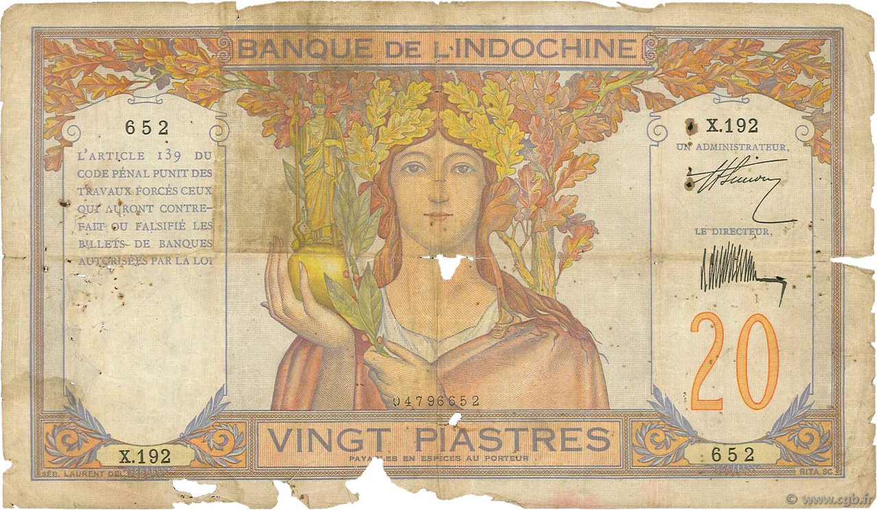 20 Piastres INDOCINA FRANCESE  1928 P.050 q.B