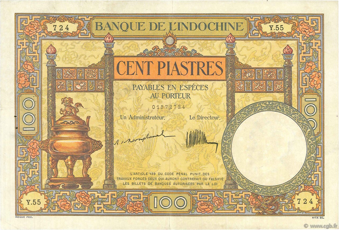 100 Piastres FRENCH INDOCHINA  1925 P.051a VF+