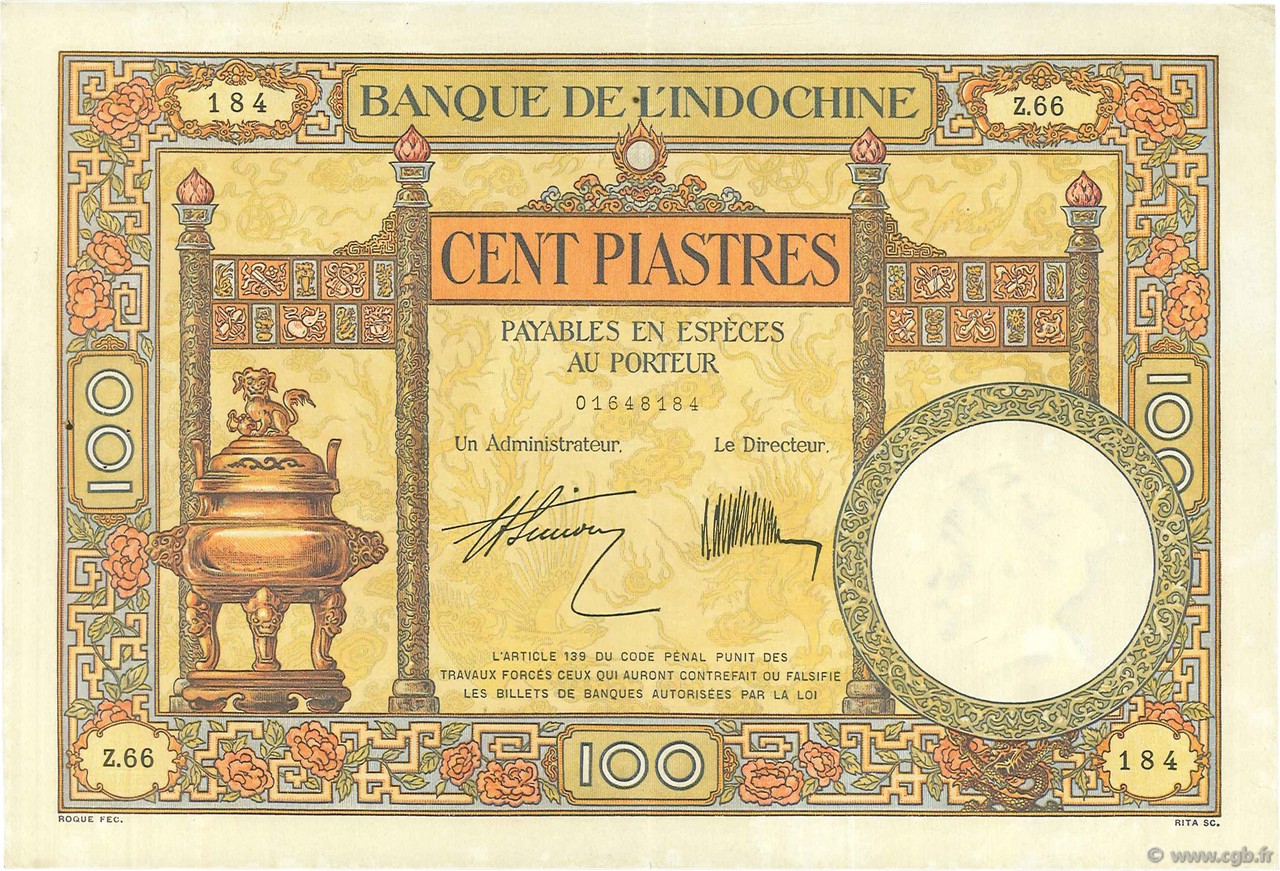 100 Piastres FRENCH INDOCHINA  1927 P.051b XF-