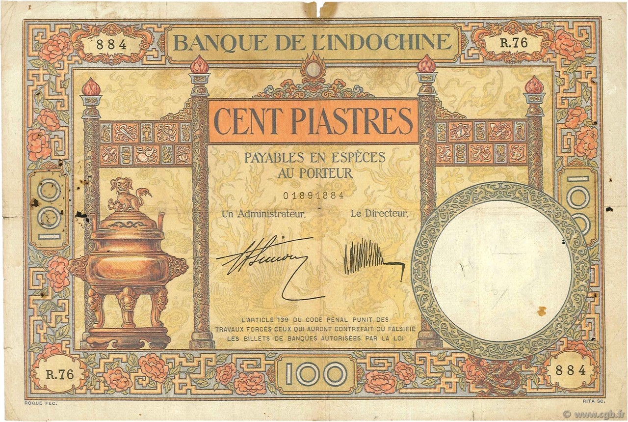 100 Piastres FRENCH INDOCHINA  1927 P.051b G