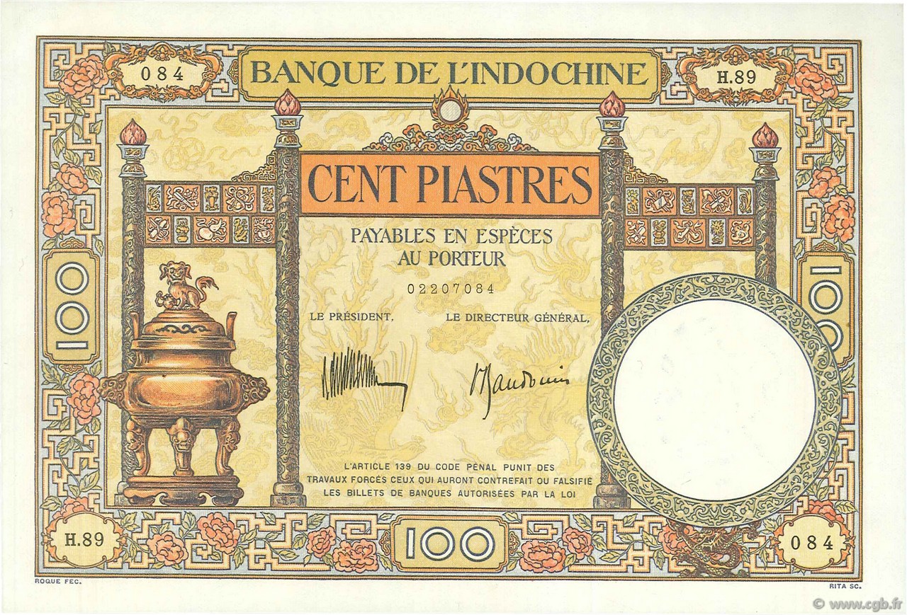 100 Piastres FRENCH INDOCHINA  1932 P.051c XF+