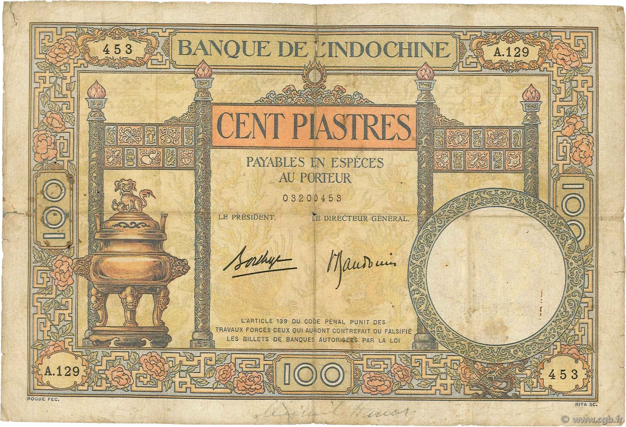 100 Piastres FRANZÖSISCHE-INDOCHINA  1936 P.051d fSGE