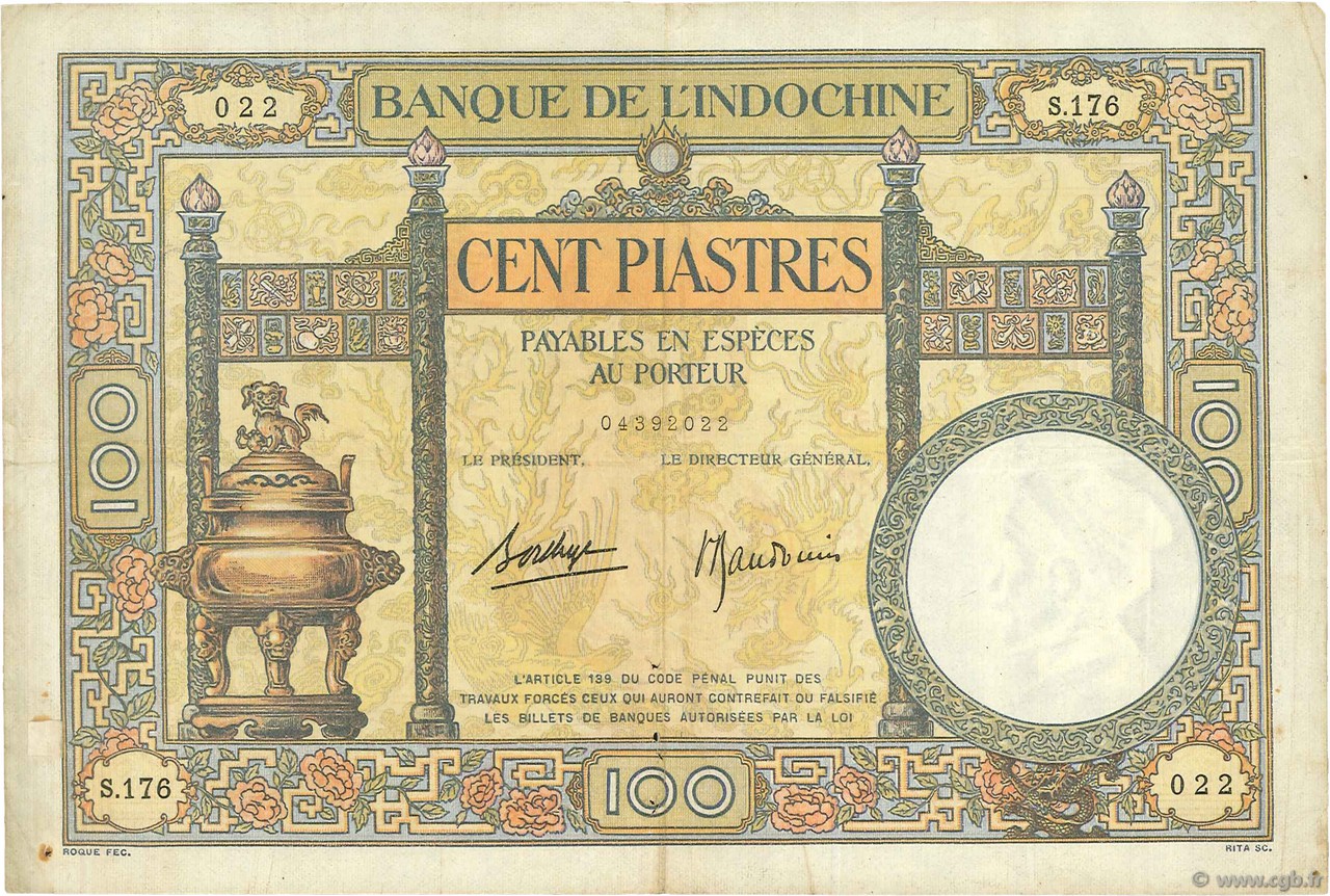 100 Piastres FRENCH INDOCHINA  1936 P.051d F+