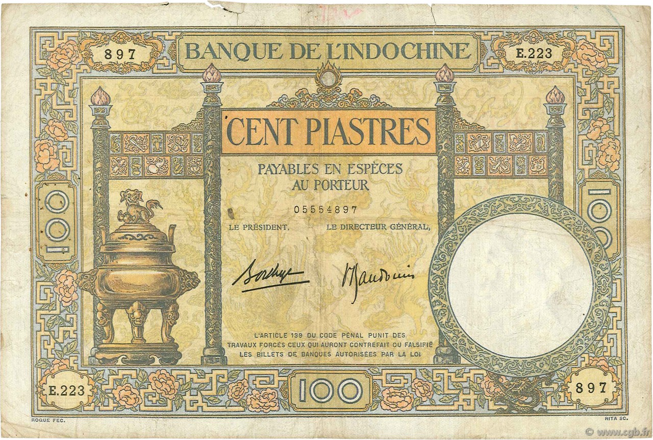 100 Piastres FRANZÖSISCHE-INDOCHINA  1936 P.051d SGE to S