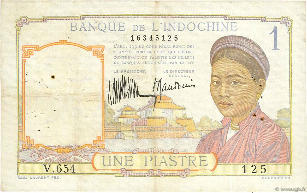1 Piastre INDOCINA FRANCESE  1932 P.052 q.MB