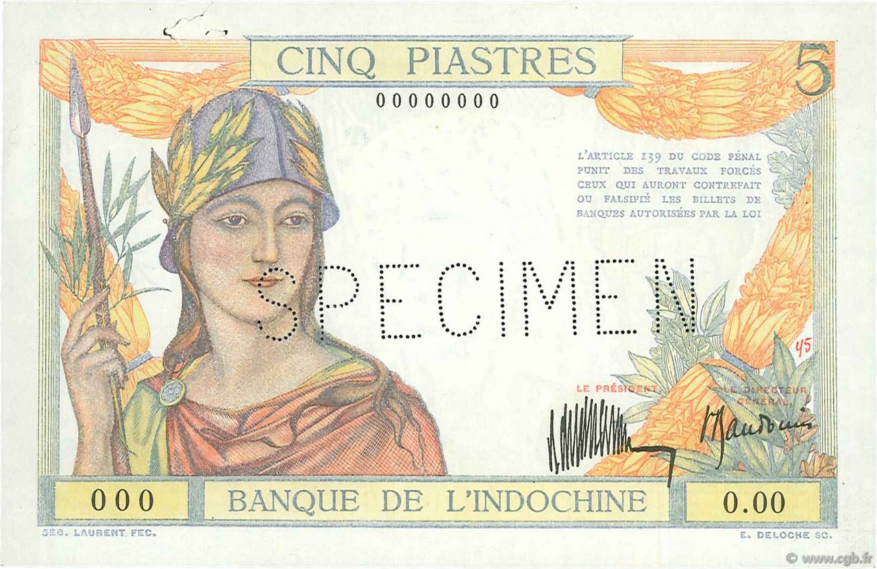 5 Piastres Spécimen INDOCHINA  1932 P.053s EBC+