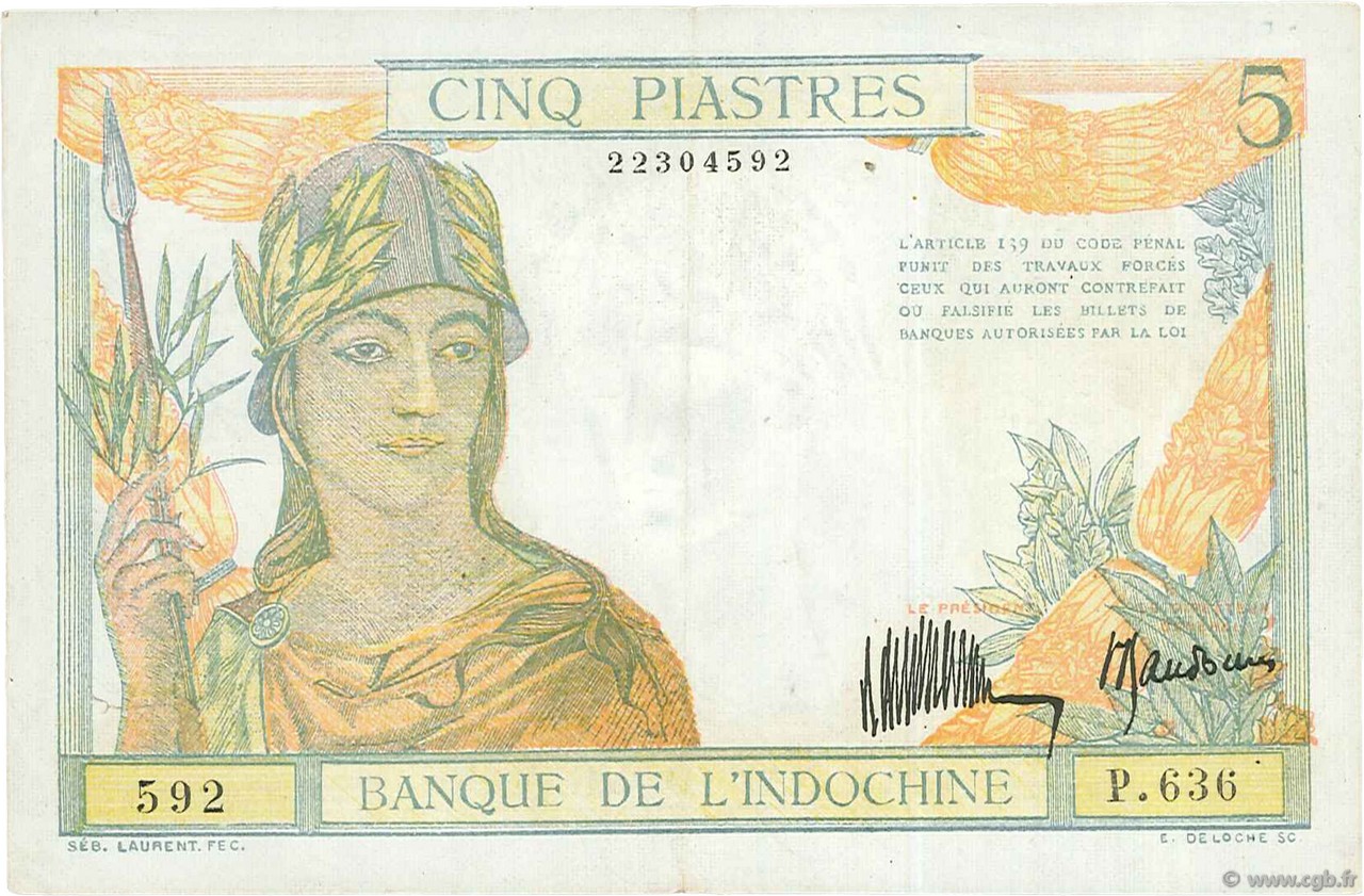 5 Piastres Faux FRENCH INDOCHINA  1932 P.053x VF+