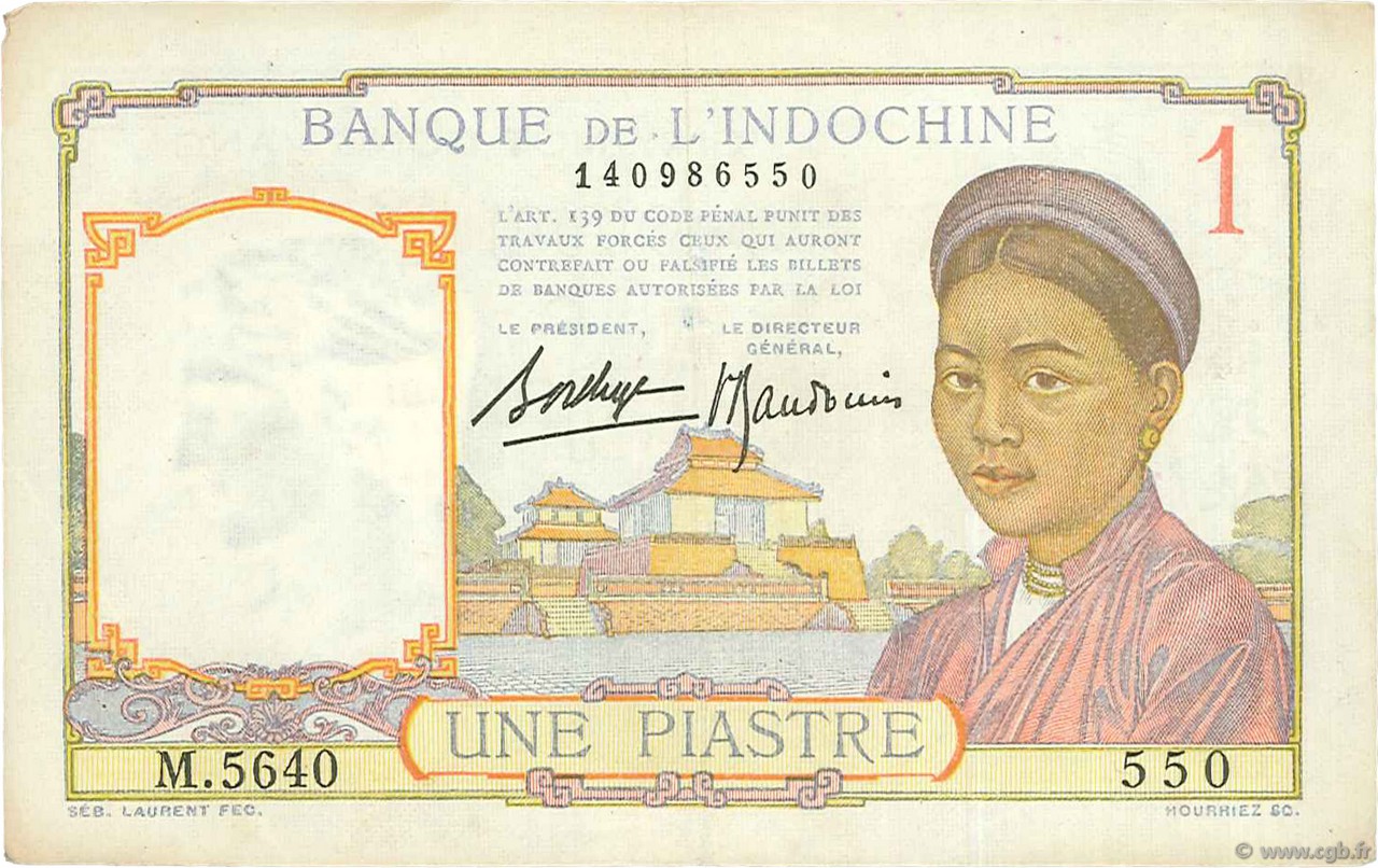 1 Piastre INDOCINA FRANCESE  1936 P.054b BB