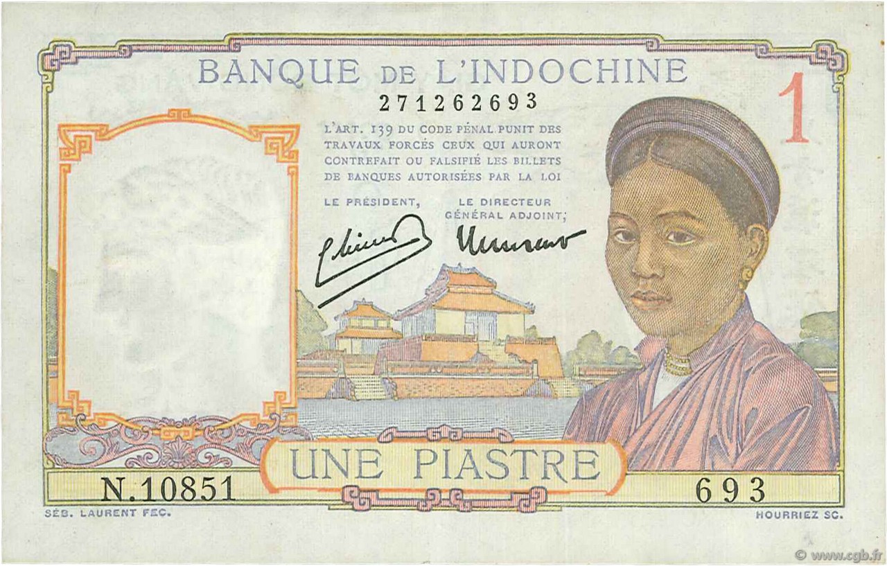 1 Piastre FRENCH INDOCHINA  1949 P.054d VF