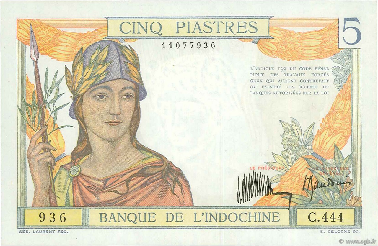 5 Piastres INDOCINA FRANCESE  1932 P.055a AU