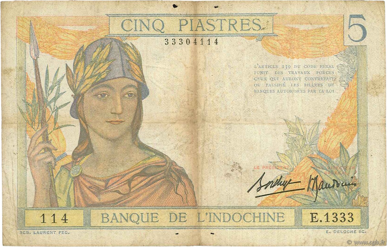 5 Piastres FRENCH INDOCHINA  1936 P.055b VG