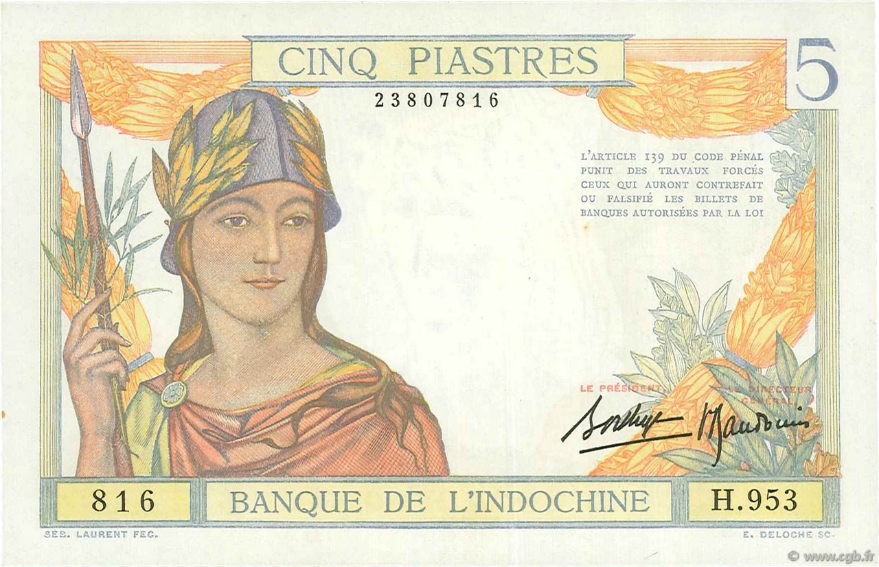 5 Piastres FRENCH INDOCHINA  1936 P.055b UNC-