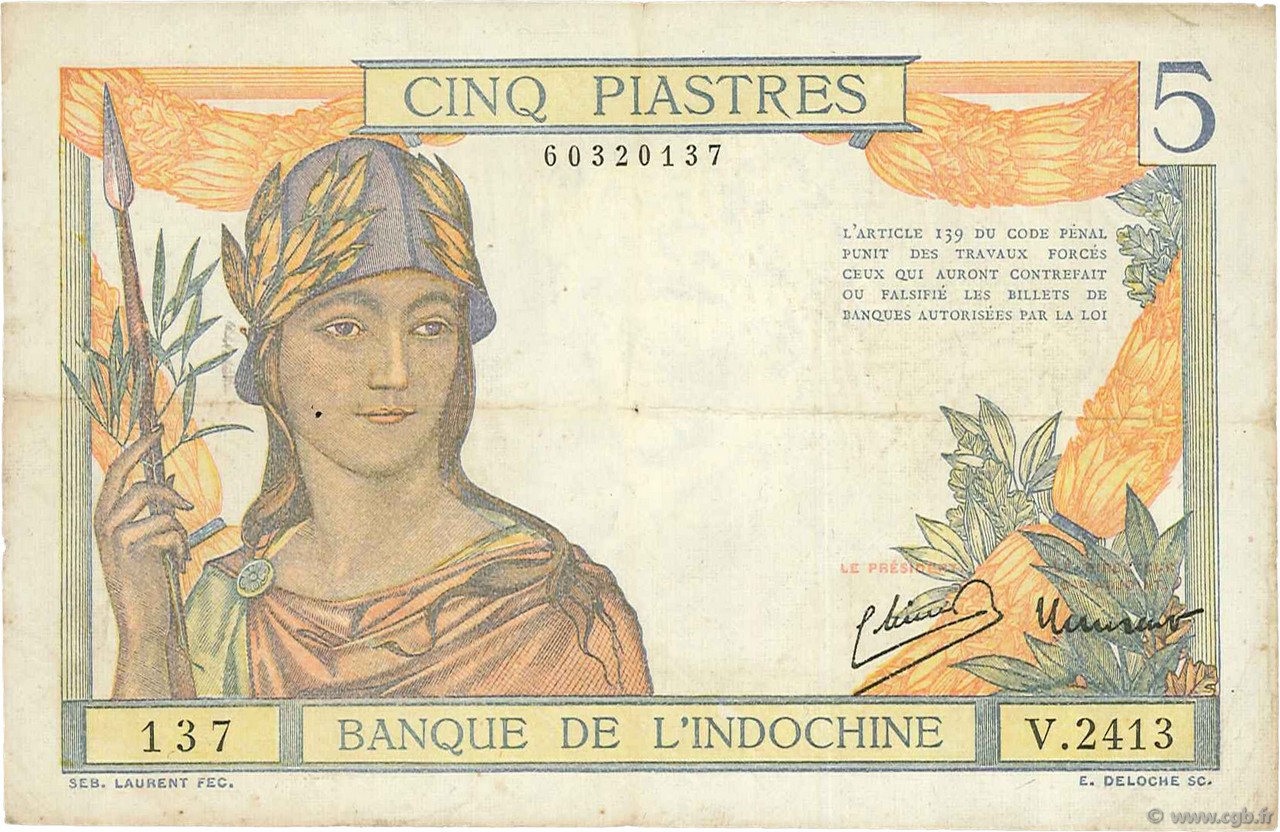 5 Piastres FRENCH INDOCHINA  1946 P.055c F+