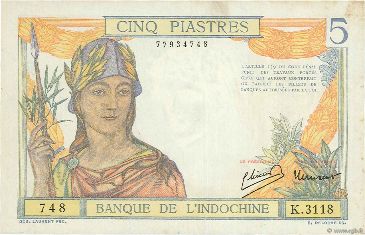 5 Piastres FRENCH INDOCHINA  1946 P.055c VF+