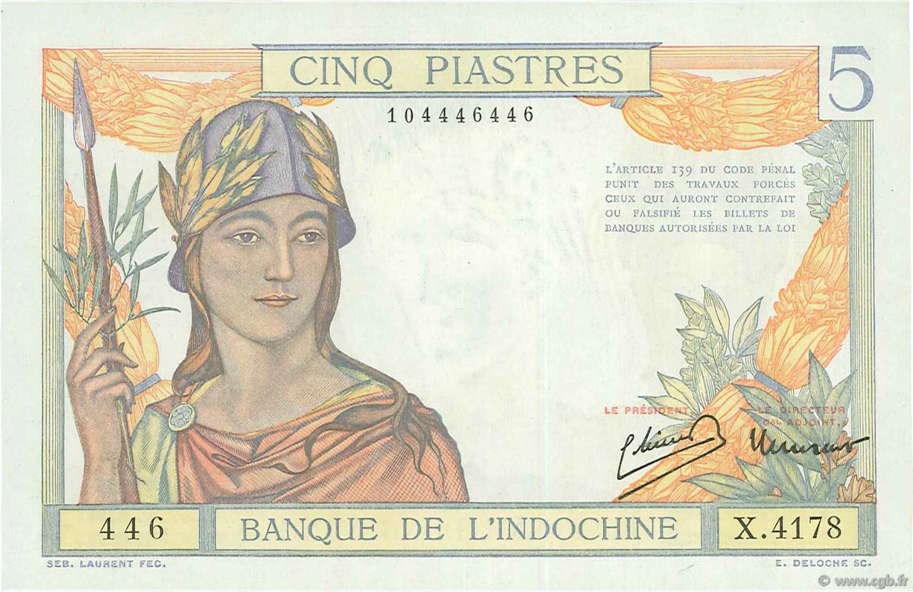 5 Piastres FRENCH INDOCHINA  1946 P.055c XF
