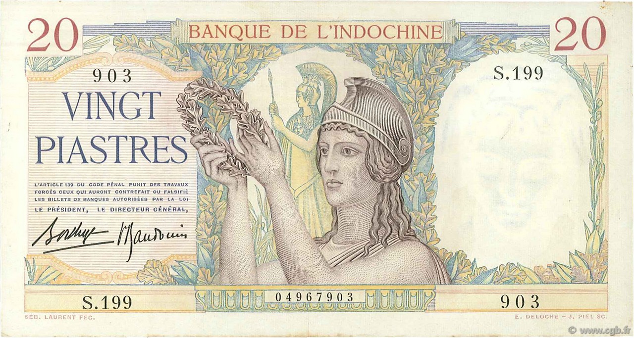 20 Piastres INDOCINA FRANCESE  1936 P.056b SPL+