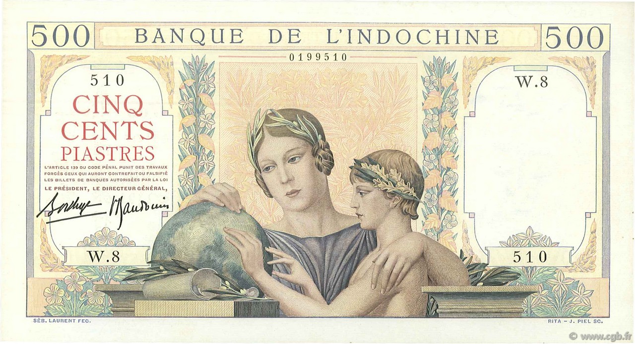500 Piastres INDOCINA FRANCESE  1939 P.057 AU+